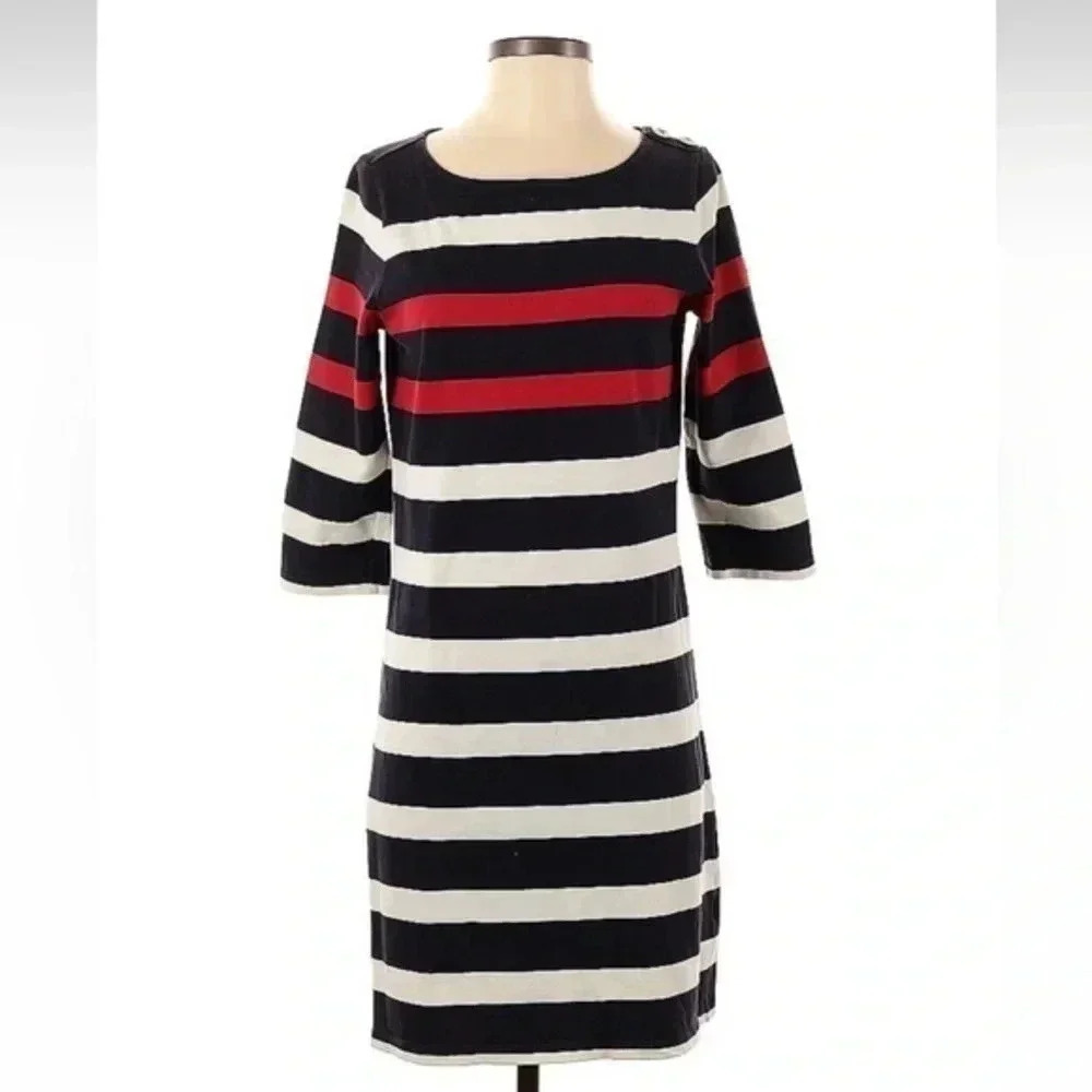 Vintage Lands’ End Red Blue Cream Striped Cotton 3/4 Sleeves Dress Size S Small
